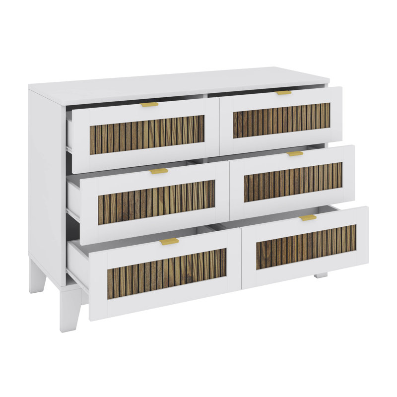 Commode en bois de style rustique avec 6 tiroirs, armoire de rangement pour chambre à coucher avec poignées en métal, Blanc