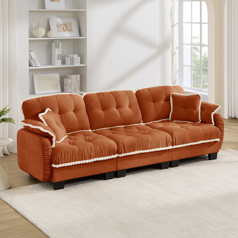 Canapé de 101 po à 3 places avec 4 coussins et garniture de pompon avec assise profonde, Chenille orange