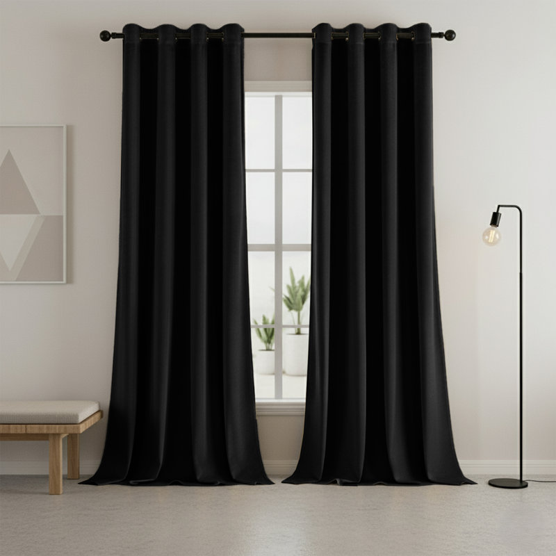Heavy Velvet Blackout Curtains with Eyelet Rings – Thermal Insulated Drapes, 168cm Width x 183cm Drop, Black