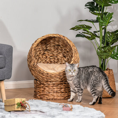 Panier pour chat brun surélevé avec rembourrage réconfortant, pour les chatons d'intérieur, coussin surélevé de 23,5 po