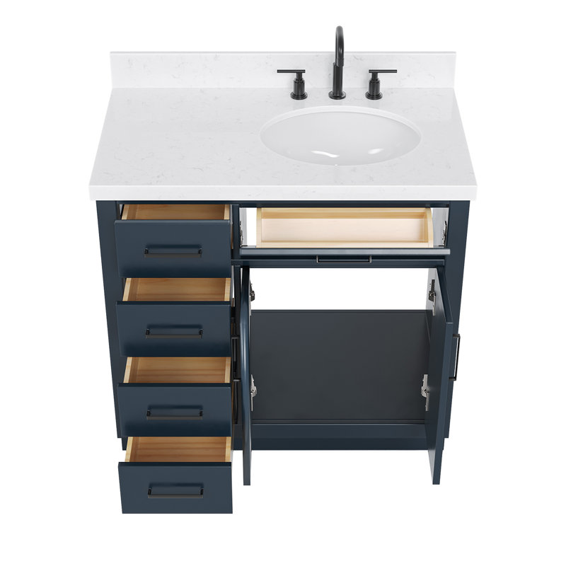 Meuble-lavabo simple en bois massif 36 po Tidworth avec plateau en quartz Carrara de 1,5 po, Oui, Ovale, Bleu minuit