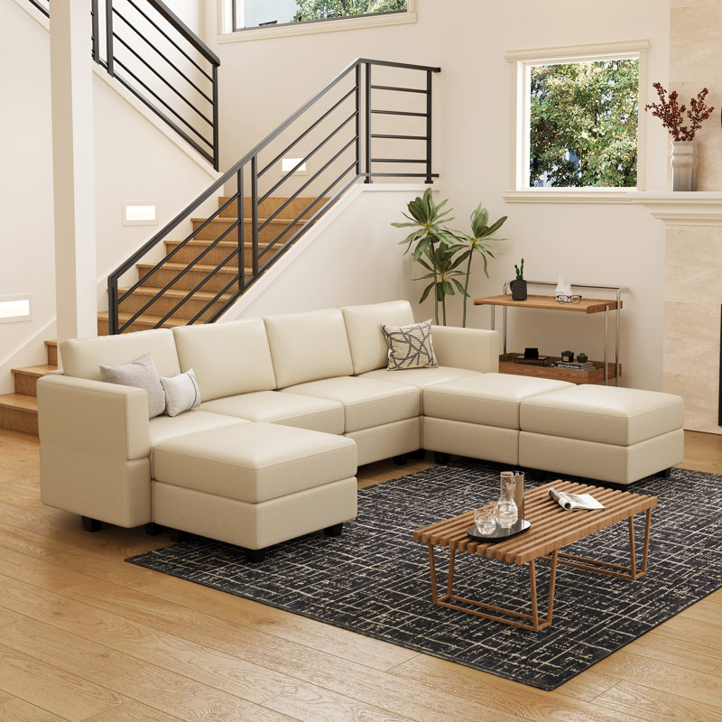 Colusa Faux Leather 7-Seat U Shaped Couch Storage Sectional Sofa Memory Foam Sofa With Ottoman Chaise Longue For Livingroom