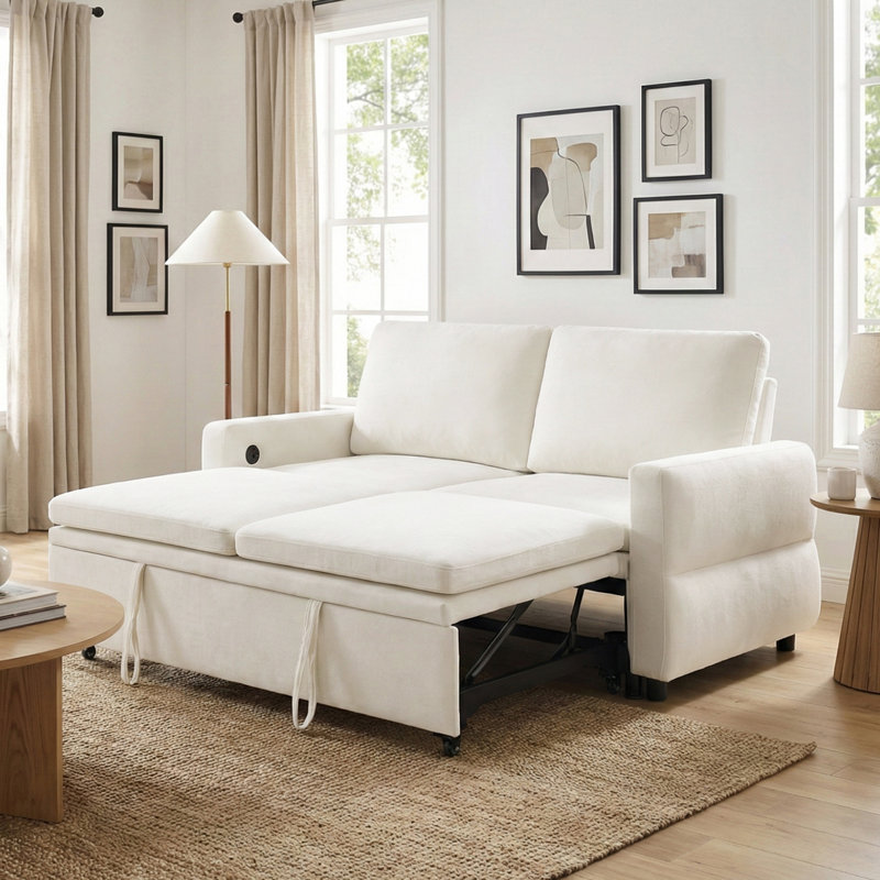 Canapé-lit convertible avec canapé-lit de 62,75 po avec dossier réglable et ports USB pour le salon, Beige