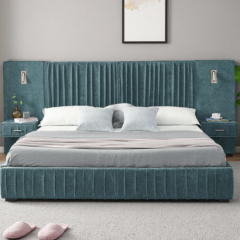 Queen Size Upholstered Platform Bed with Headboard & Built-in Nightstand, Chenille Fabric Bed Frame with Adjustable Bedside Lamps and Storage, No Box Spring Needed