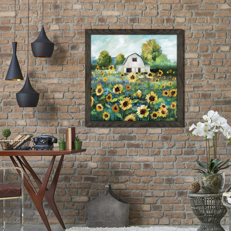 " Sunflower Barn " by Nan, Chocolate Distressed Framed, 37.5" H x 37.5" W x 1" D