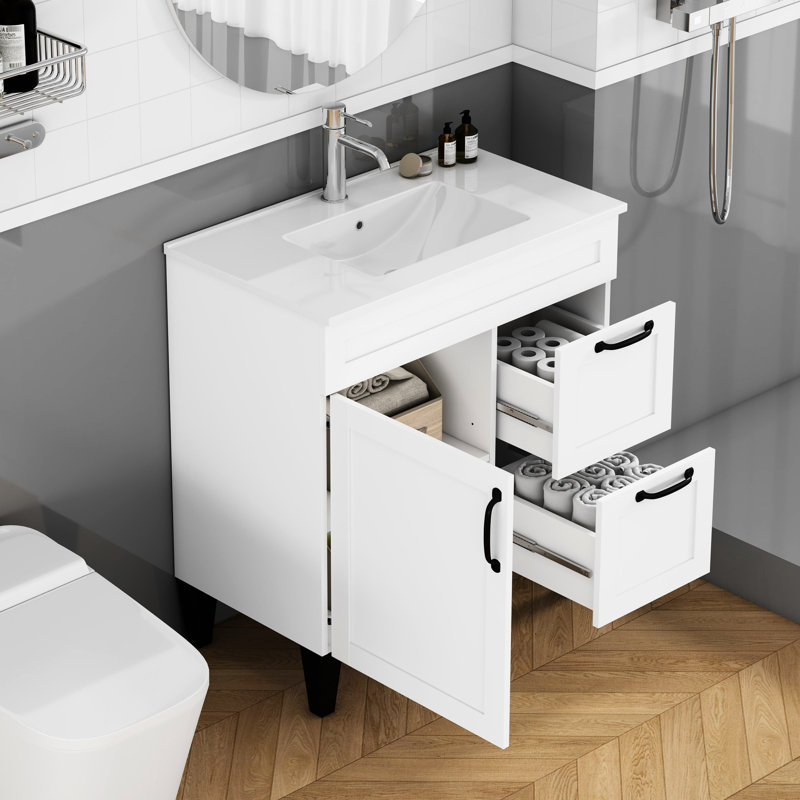 Meuble-lavabo de 80 cm avec lavabo, design blanc, poignée en métal noir, pattes, lavabo en céramique, rangement pratique pour salles de bain de taille moyenne, meuble-lavabo, armoire, mise à niveau élégante