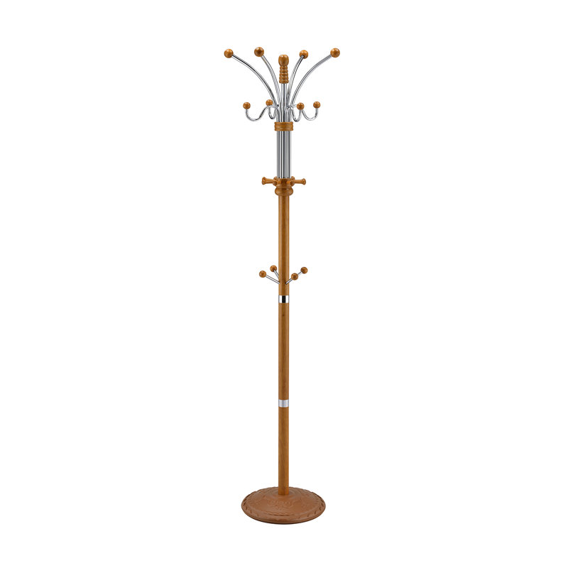 73" Tall Chrome And Wood Coat Rack, Oak