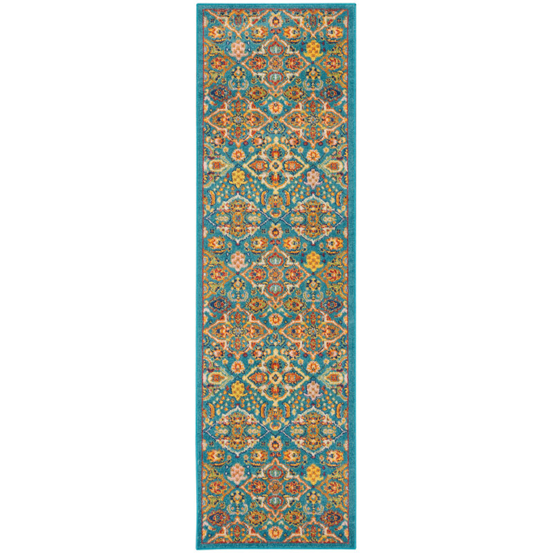 Tapis turquoise / ivoire / jaune Welaka, Tapis de couloir 2 pi 3 po x 7 pi 6 po