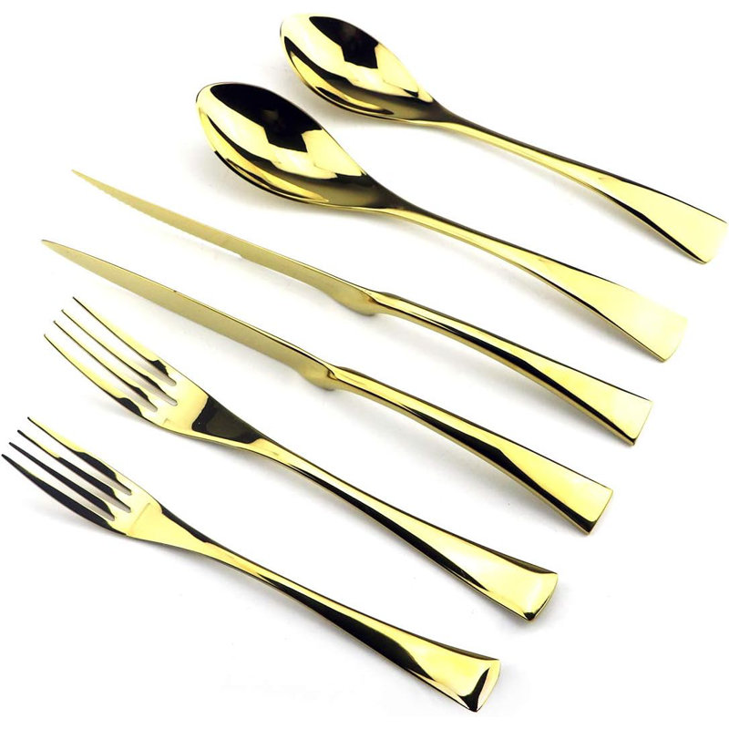 Ensemble de couverts 24 pièces en acier inoxydable poli miroir, comprenant un couteau de table, un couteau à steak, une cuillère, une fourchette, une fourchette à salade et une cuillère à dessert, service pour 4