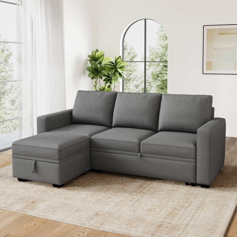 Canapé-lit modulaire en L avec rangement, Polyester gris clair