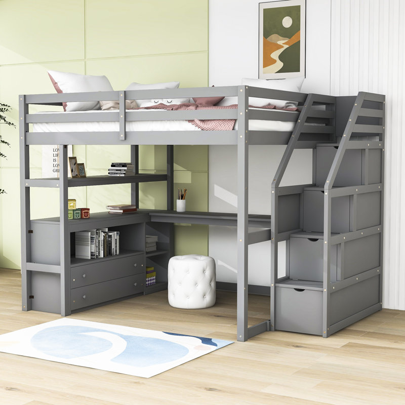 Helmuts Kids Loft Bed with Drawers, Gray, Full