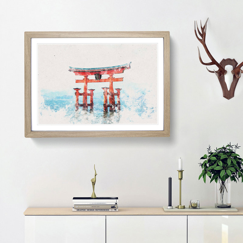 Itsukushima Shrine in Hiroshima Japan - Picture Frame Painting Print, 45cm H x 63cm W x 2cm D, Oak Framed