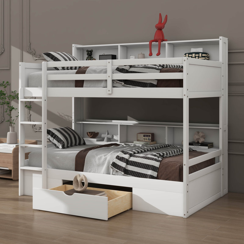 Lit superposé simple avec tablettes intégrées aux lits supérieur et inférieur, plus un tiroir de rangement, Blanc