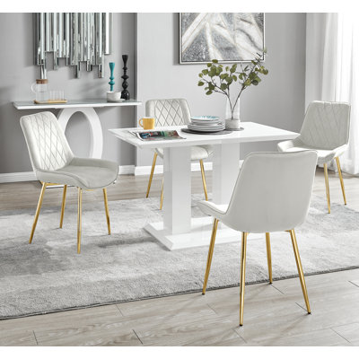 Eubanks High Gloss Double Pillar Dining Table Set with 4 Luxury Velvet Upholstered Dining Chairs