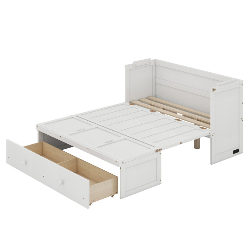 Lit escamotable avec port USB et grand tiroir, Blanc, Grand lit