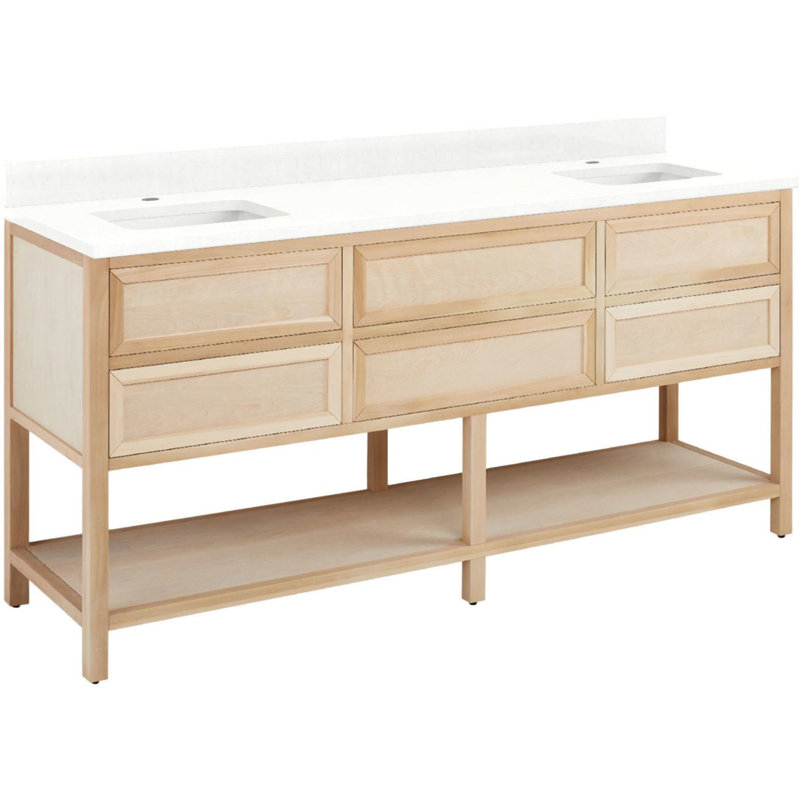 72" Robertson Double Bathroom Vanity Set with Rectangular Undermount Sinks, Feathered White Quartz, Single-Hole Centered
