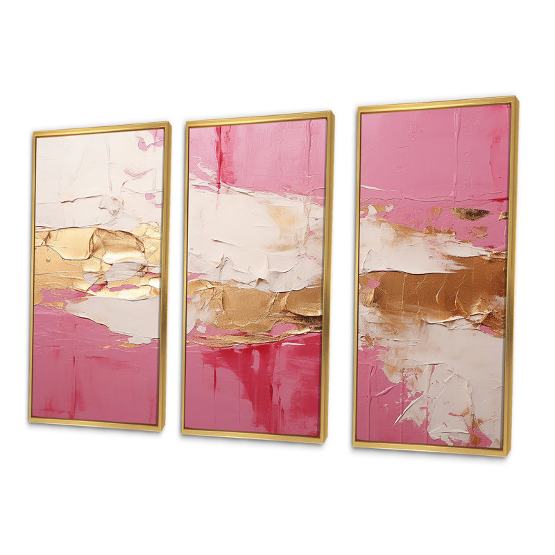 Minimalisme, rose et doré, horizon I - ensemble d'art mural abstrait, H 28 po x l 36 po x P 1 po, Cadre flottant doré