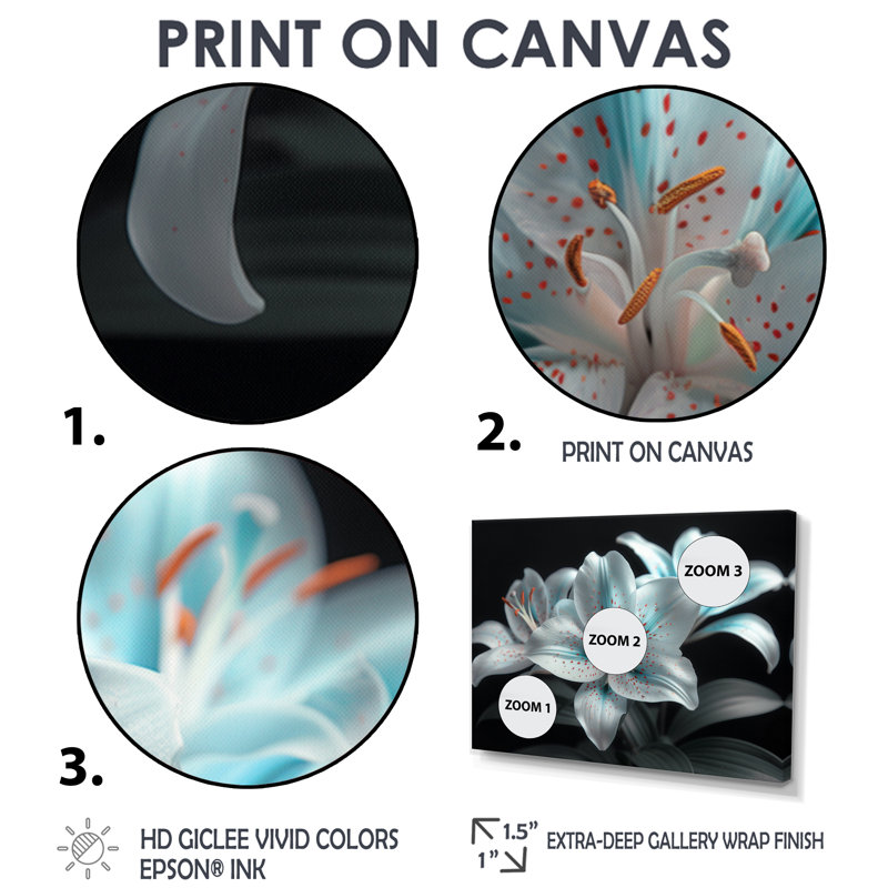 Photo moderne lys en verre blanc et bleu I - salon art mural lys, Cadre flottant brun, H 28 po x l 60 po