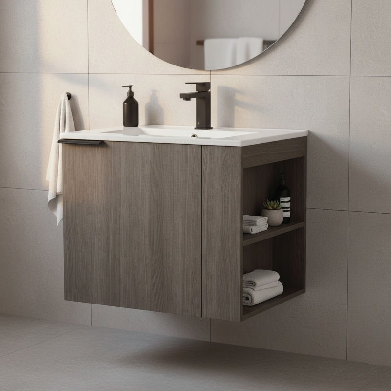 Meuble-lavabo moderne 24 po avec lavabo en céramique blanche Ebern Designs Elmridge - tablettes ouvertes à droite, Chêne gris