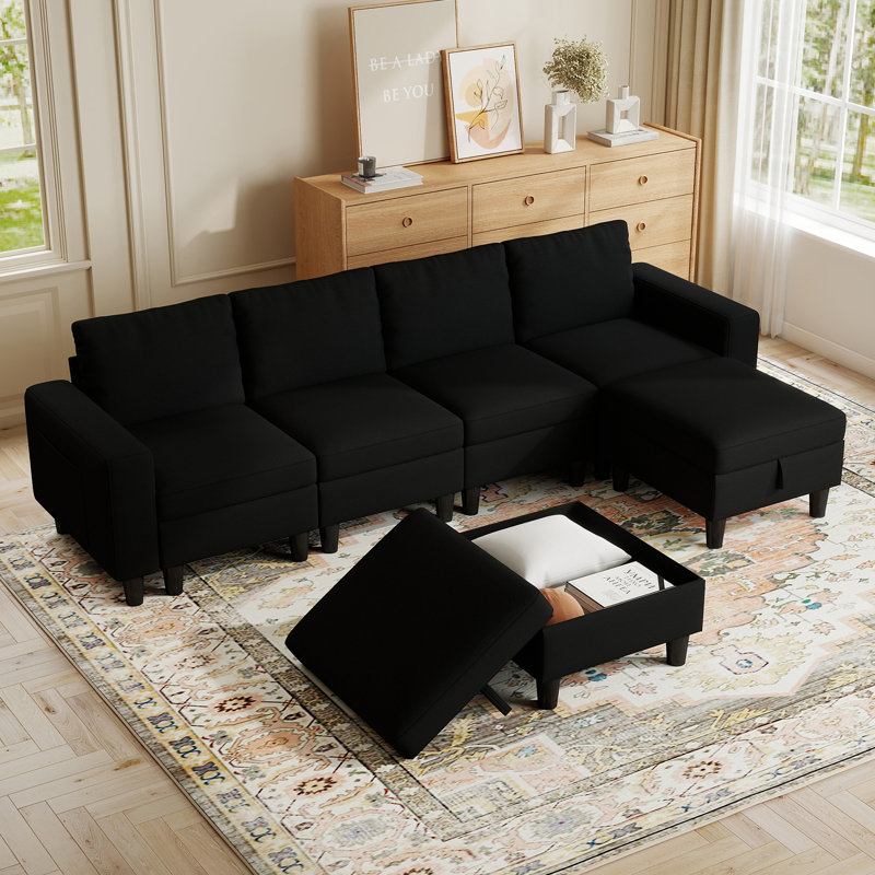 110" Modular Sectional Couches With Adjustable Backrest For Living Room, U Shaped Sectional Sofa With Storage Ottoman (Black)