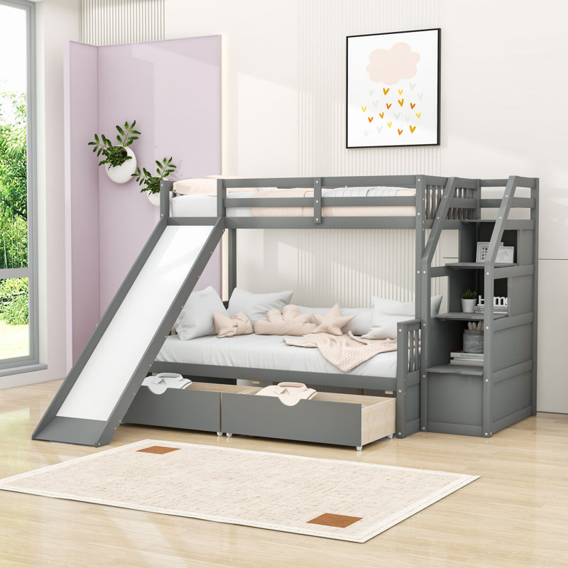 Ezriel Twin Over Full 2 Drawer Standard Bunk Bed with Slide, Gray