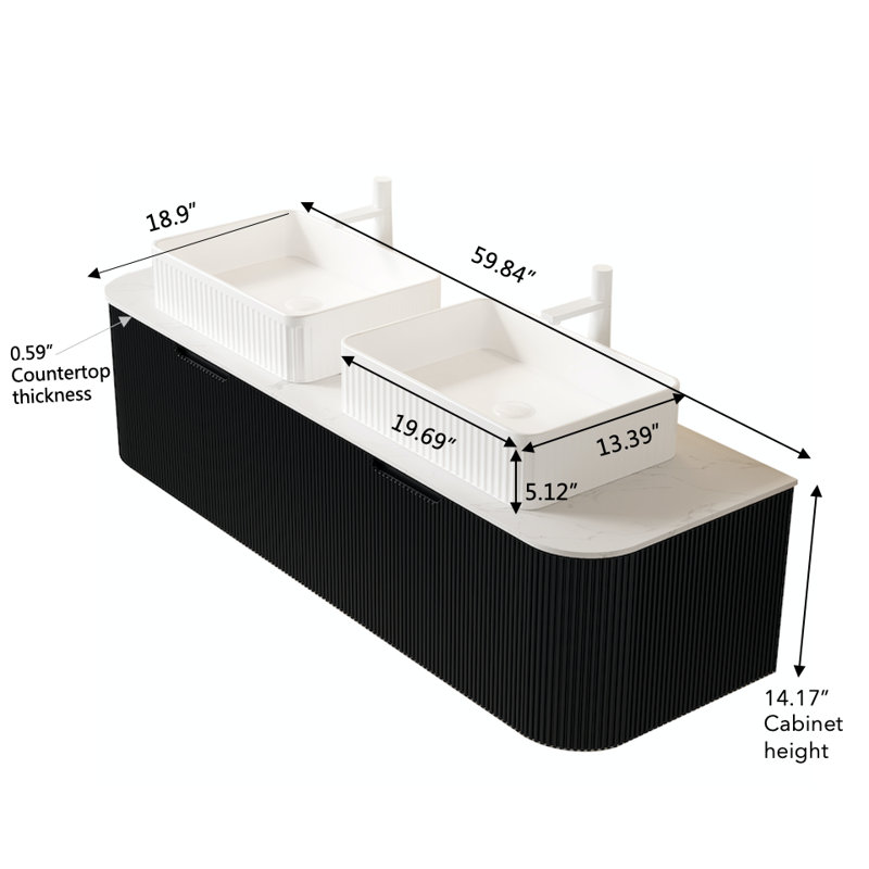 Meuble-lavabo et lavabo pour salle de bain 60 po, 2 tiroirs, 2 lavabos rectangulaires en céramique blanc et plateau en pierre frittée blanc Carrara, pré-assemblé, noir 