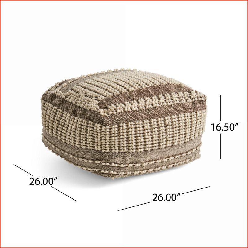 Pouf en laine touffetée rustique et en coton 26 po x 26 po x 16,5 po, brun noyer et beige | brun + beige | laine