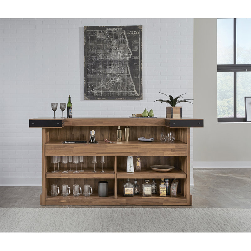 Knoxville Acacia Wood Home Bar with Matte Black Metal Accents