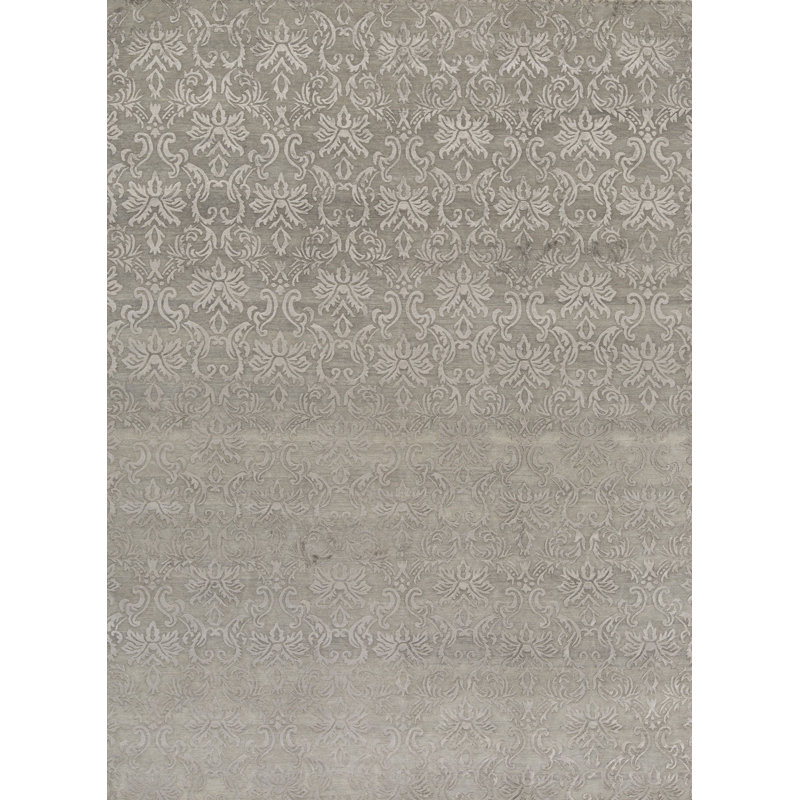 Wool Damask Area Rug in Gray