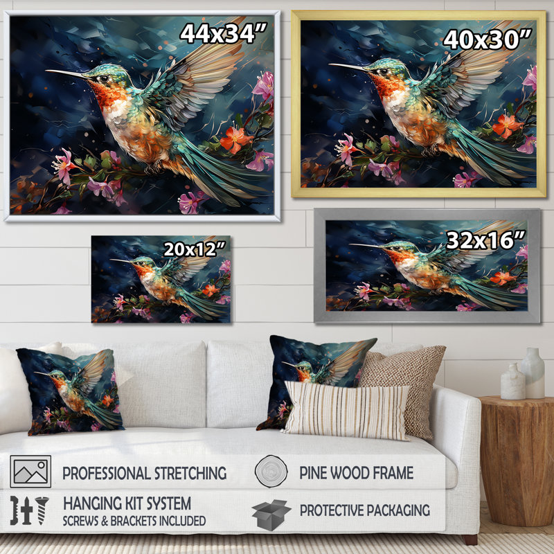 Colibri vert émeraude en fleurs I - Colibri, art mural, Cadre flottant doré, H 16 po x l 32 po x P 1 po