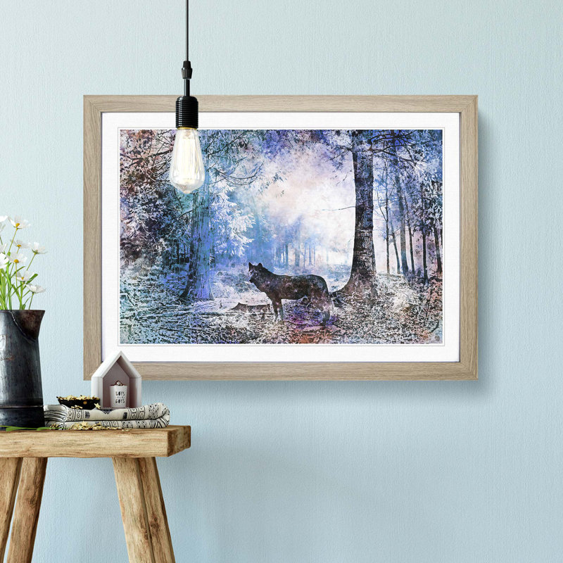 Wolf in a Magical Forest in Abstract - Picture Frame Painting Print, 35cm H x 50cm W x 2cm D, Oak