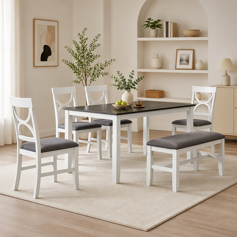 Ensemble de 6 tables de salle à manger en bois avec banc rembourré et 4 chaises de style campagnard