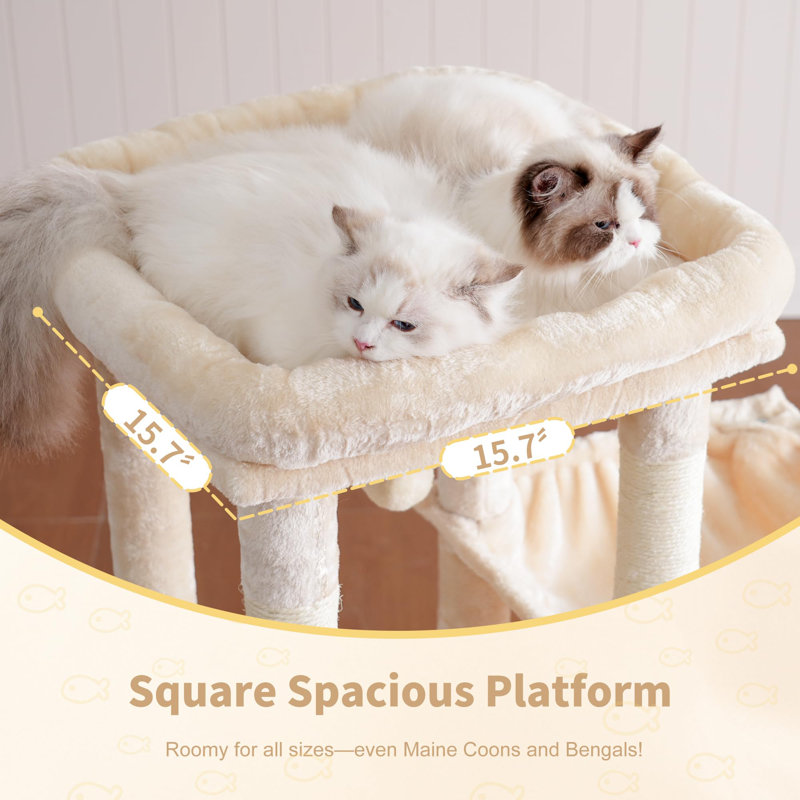 Arbre à chat, grande maisonnette pour chat avec très grande plinthe, mobilier en peluche multi-niveaux avec poteaux à griffer, hamac, beige