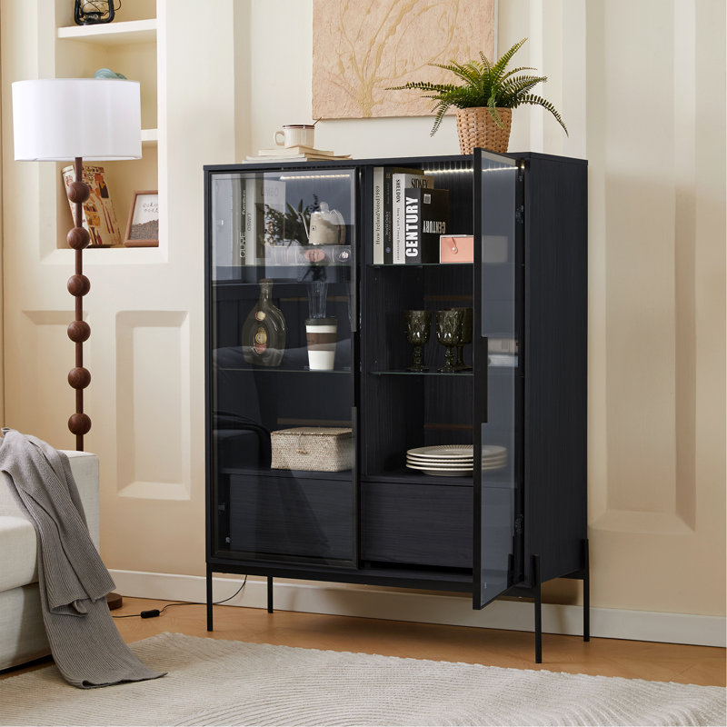 51.2'' Freestanding Display Cabinet, Pantry With 2 Storage Drawers And Glass Doors,  Cabinet With 4-Tier Adjustable Shelves And Led Light, For Living Room, Kitchen, Office - Black