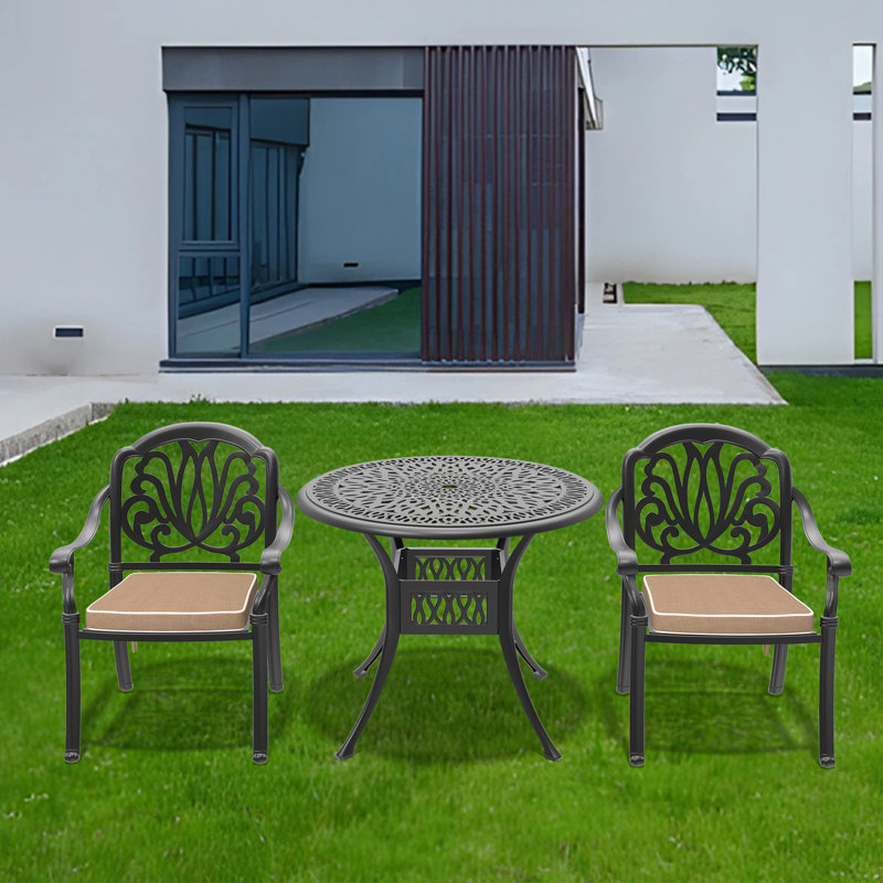 Ensemble 3 pièces de meubles de patio en aluminium coulé avec coussins, 3 pièces: table, 2 chaises
