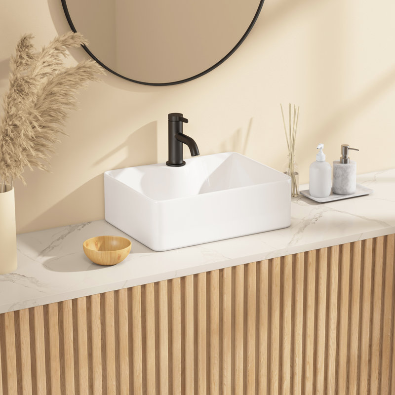 16" W x 12" D Rectangular Vitreous China Vessel Bathroom Sink with Faucet Hole