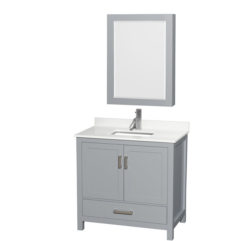 Meuble-lavabo simple 36 po avec comptoir en quartz et armoire à pharmacie Sheffield, Chrome, Gris, Quartz Giotto