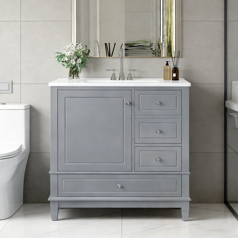 Bathroom Vanity with Sink, 3 Drawers and Door Shelves, Gray