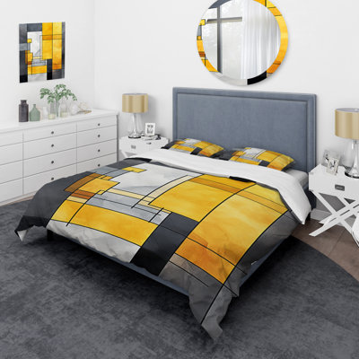 Yellow And Grey Geometric Fusion 3 - Abstract Geometric Duvet Cover Set