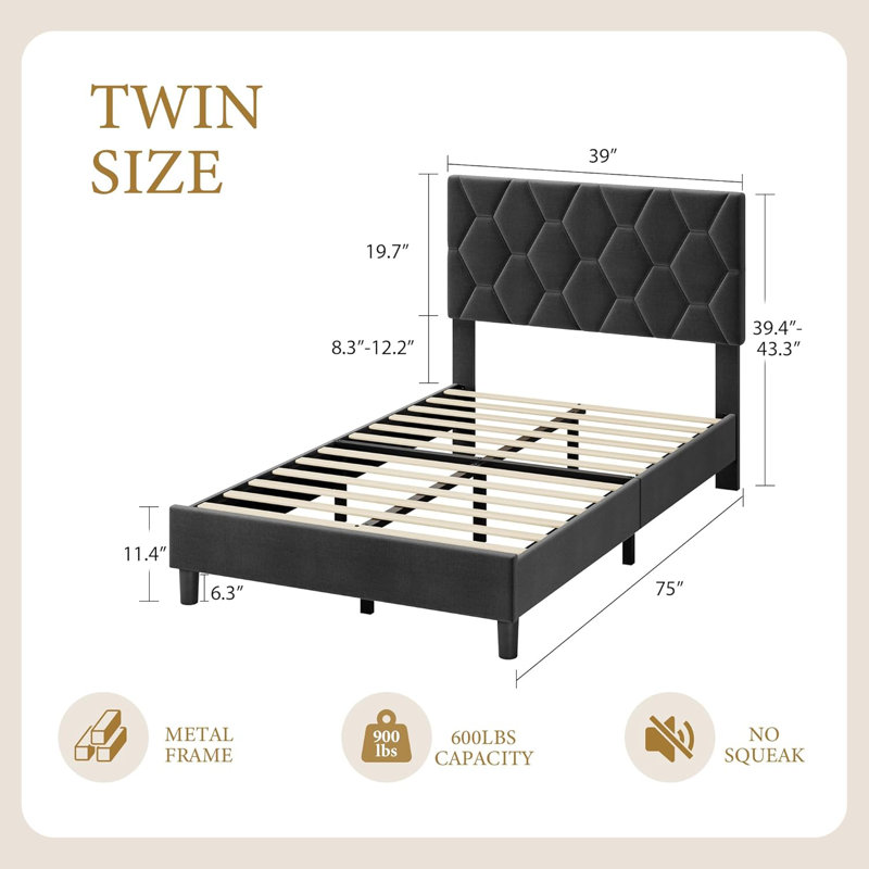 Linen Fabric Upholstered Bed Frame with Adjustable Headboard, Twin