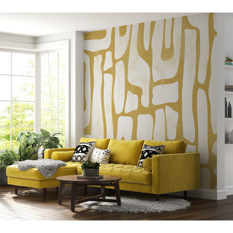 Murale abstraite pelez et collez Lakechia - formes terreuses, L 96 po x l 90 po, Jaune