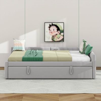 Full Daybed With Pop Up Trundle, Velvet Upholstered L-Shaped Daybed With Tufted Backrest