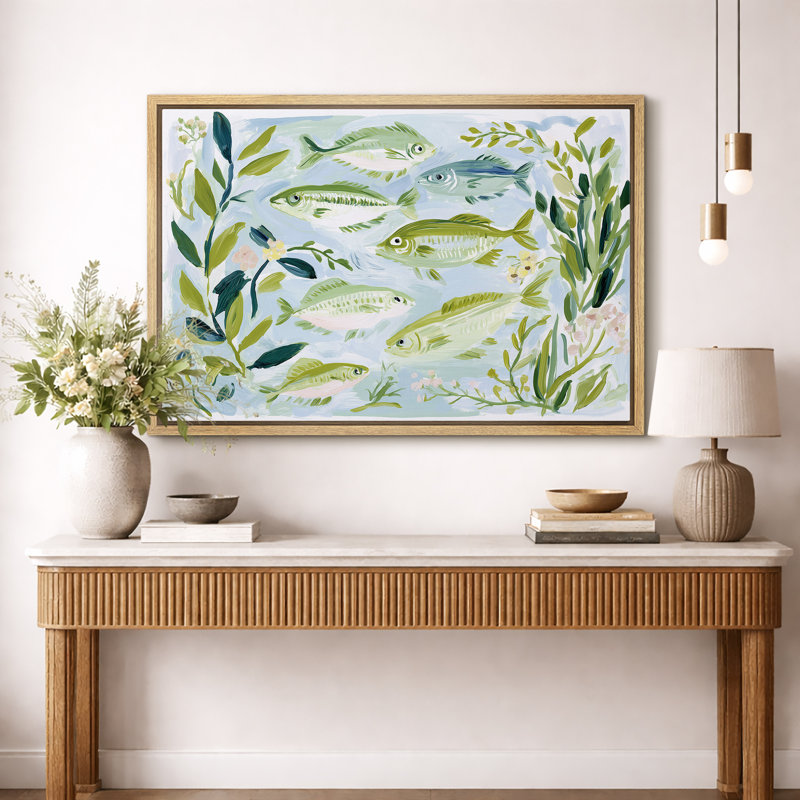Poissons botaniques, salon côtier, impression sur toile encadrée, Cadre naturel, H 24 po x l 36 po x P 1,5 po