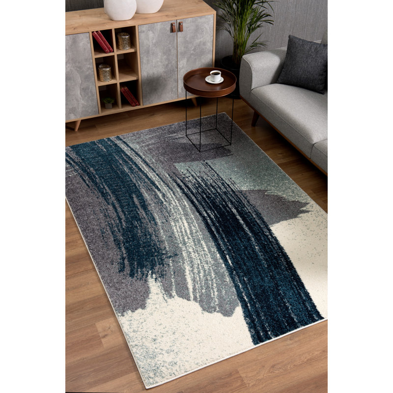 Rug Branch Rivah 7' x 9' (6'6" x 9"4") Blue/White Abstract Indoor Area Rug, Contemporary, Medium Pile, Stain-Resistant Carpet - Living Room, Bedroom, Dining Room, and Kitchen