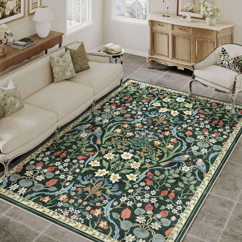 Botanical Bird Floral Rug 5' x 7' for Dining Room, Green Multicolor