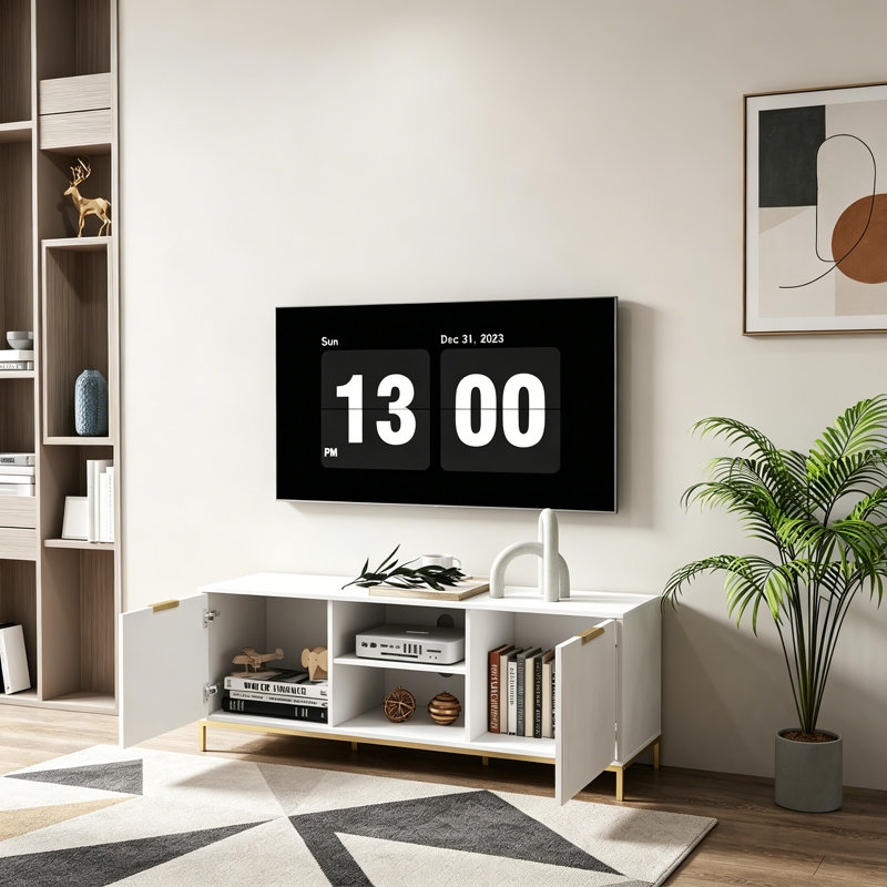 TV Stand With Wave-Design Doors, Open Shelf And Adjustable Shelf, Stylish And Functional For Your Living Room