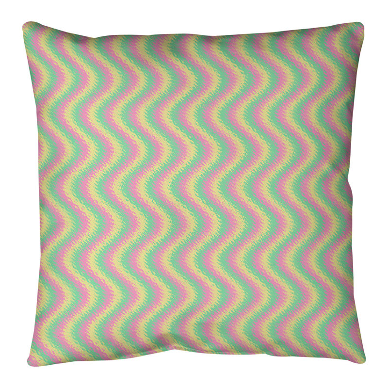 Coussin Wavy, Bourre en polyester, H 26 po x l 26 po, Rose / jaune doré / vert émeraude