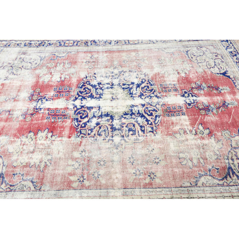 Grand tapis turc rétro à motif médaillon rouge de style antique - tapis Oushak unique fabriqué à la main