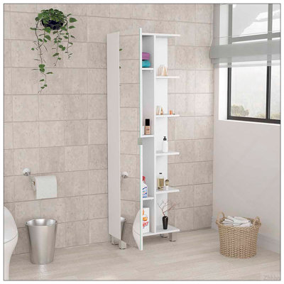 Armoire à linge miroir Urano, quatre tablettes intérieures, cinq tablettes extérieures - blanc