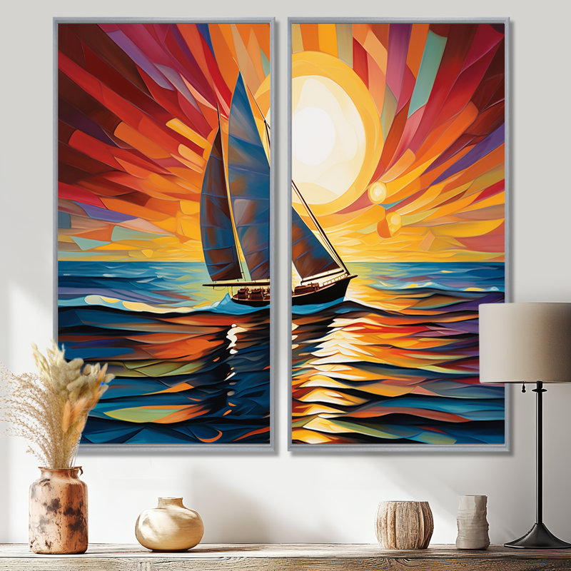 Voilier mélodique III - impressions multicolores sur toile, H 32 po x l 32 po, Impression encadrée flottante, Argent argent